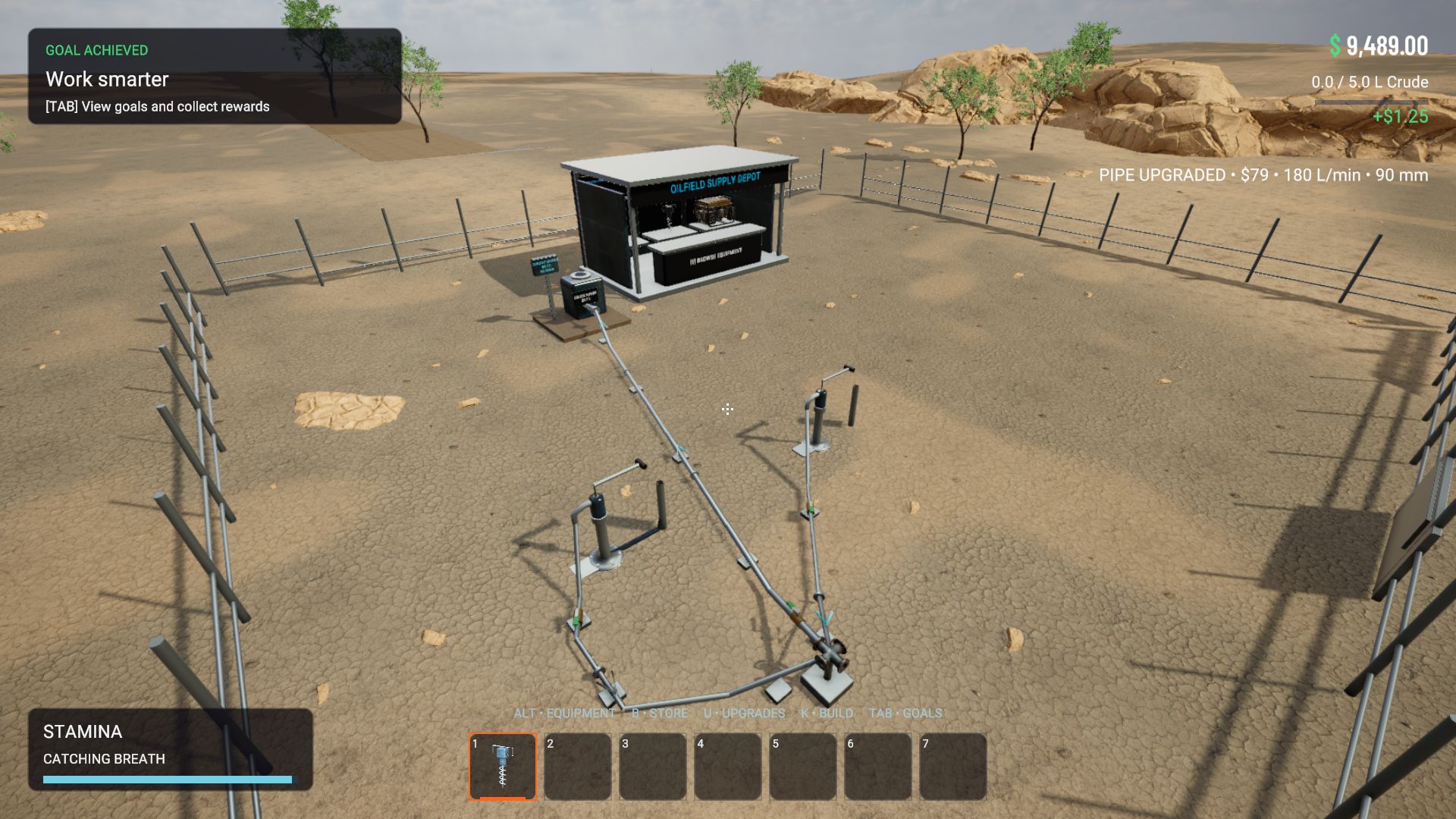 Little Oil Yard gameplay showing an oil operation and player-built pipe network